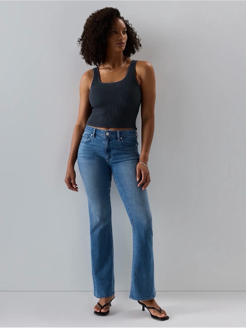 Quince Luna Stretch Mid Rise Flare Jeans in Seaside Blue.
